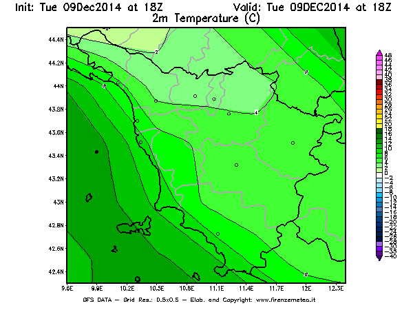 Mappa di analisi GFS - Temperatura a 2 metri dal suolo [°C] in Toscana
							del 09/12/2014 18 <!--googleoff: index-->UTC<!--googleon: index-->