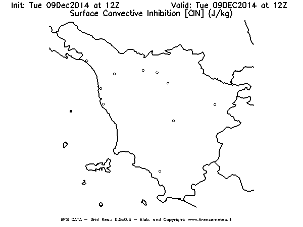 Mappa di analisi GFS - CIN [J/kg] in Toscana
							del 09/12/2014 12 <!--googleoff: index-->UTC<!--googleon: index-->