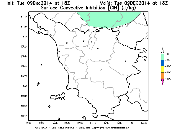 Mappa di analisi GFS - CIN [J/kg] in Toscana
							del 09/12/2014 18 <!--googleoff: index-->UTC<!--googleon: index-->