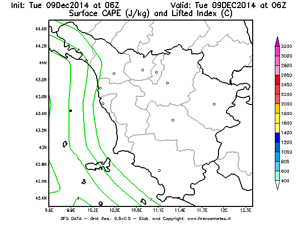 Mappa di analisi GFS - CAPE [J/kg] e Lifted Index [°C] in Toscana
							del 09/12/2014 06 <!--googleoff: index-->UTC<!--googleon: index-->