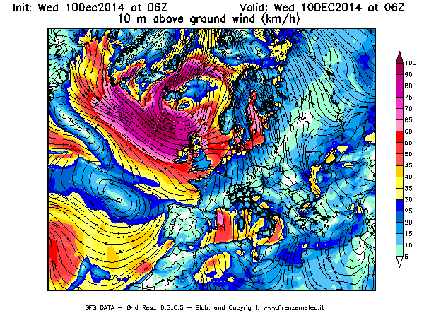 Mappa di analisi GFS - Velocità del vento a 10 metri dal suolo [km/h] in Europa
									del 10/12/2014 06 <!--googleoff: index-->UTC<!--googleon: index-->