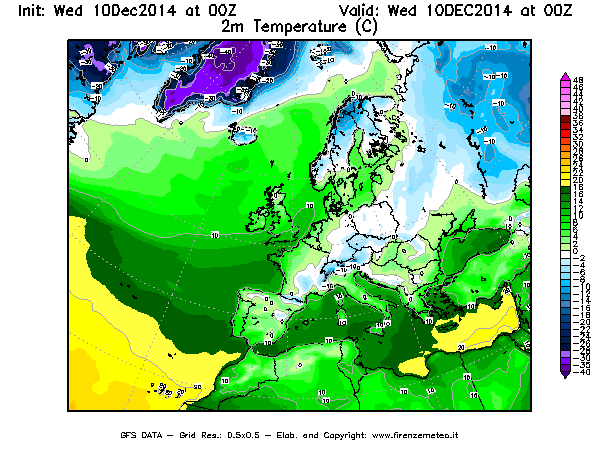 Mappa di analisi GFS - Temperatura a 2 metri dal suolo [°C] in Europa
									del 10/12/2014 00 <!--googleoff: index-->UTC<!--googleon: index-->