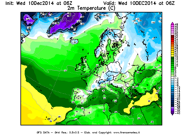 Mappa di analisi GFS - Temperatura a 2 metri dal suolo [°C] in Europa
									del 10/12/2014 06 <!--googleoff: index-->UTC<!--googleon: index-->