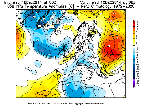 Mappa di analisi GFS - Anomalia Temperatura [°C] a 850 hPa in Europa
									del 10/12/2014 00 <!--googleoff: index-->UTC<!--googleon: index-->