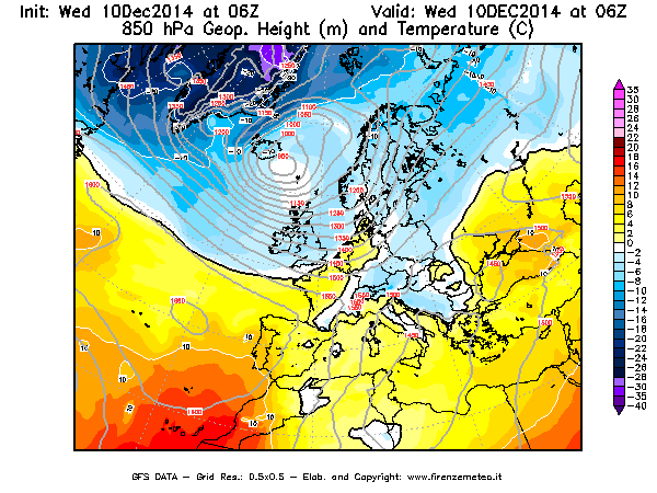 Mappa di analisi GFS - Geopotenziale [m] e Temperatura [°C] a 850 hPa in Europa
									del 10/12/2014 06 <!--googleoff: index-->UTC<!--googleon: index-->
