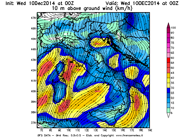 Mappa di analisi GFS - Velocità del vento a 10 metri dal suolo [km/h] in Italia
									del 10/12/2014 00 <!--googleoff: index-->UTC<!--googleon: index-->