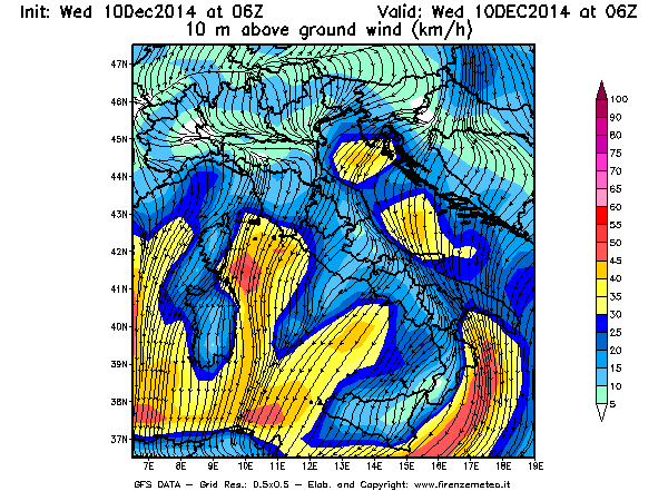 Mappa di analisi GFS - Velocità del vento a 10 metri dal suolo [km/h] in Italia
									del 10/12/2014 06 <!--googleoff: index-->UTC<!--googleon: index-->
