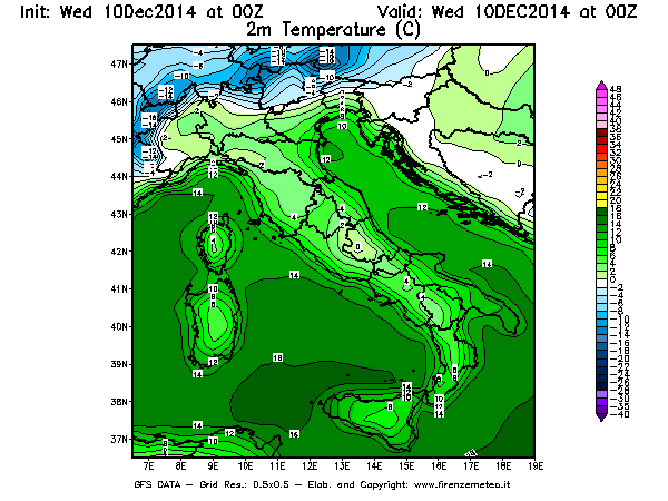 Mappa di analisi GFS - Temperatura a 2 metri dal suolo [°C] in Italia
									del 10/12/2014 00 <!--googleoff: index-->UTC<!--googleon: index-->