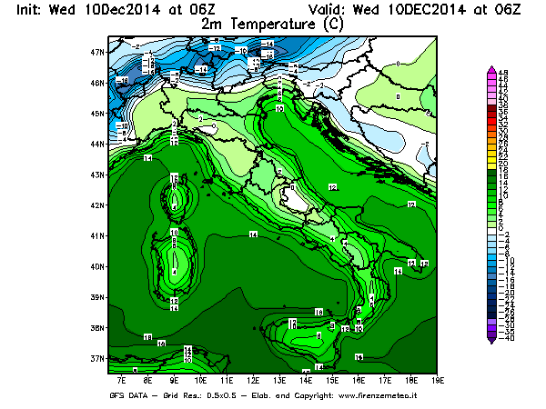 Mappa di analisi GFS - Temperatura a 2 metri dal suolo [°C] in Italia
									del 10/12/2014 06 <!--googleoff: index-->UTC<!--googleon: index-->