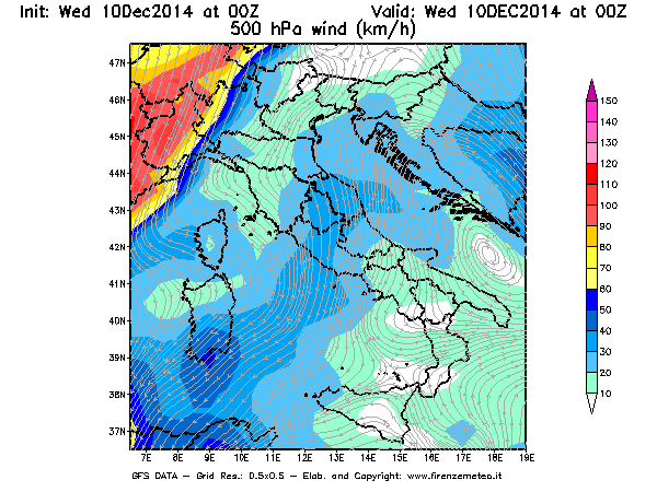 Mappa di analisi GFS - Velocità del vento a 500 hPa [km/h] in Italia
									del 10/12/2014 00 <!--googleoff: index-->UTC<!--googleon: index-->