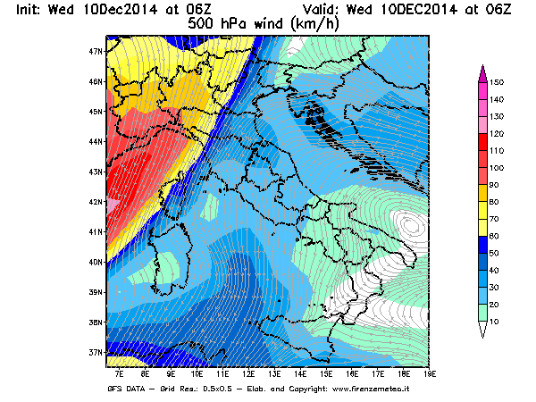 Mappa di analisi GFS - Velocità del vento a 500 hPa [km/h] in Italia
									del 10/12/2014 06 <!--googleoff: index-->UTC<!--googleon: index-->