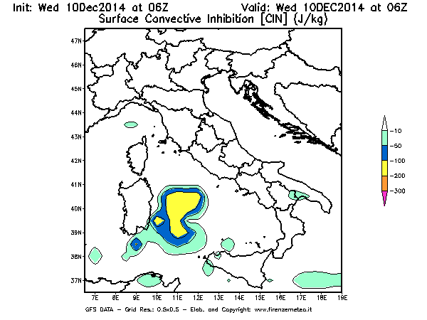 Mappa di analisi GFS - CIN [J/kg] in Italia
									del 10/12/2014 06 <!--googleoff: index-->UTC<!--googleon: index-->