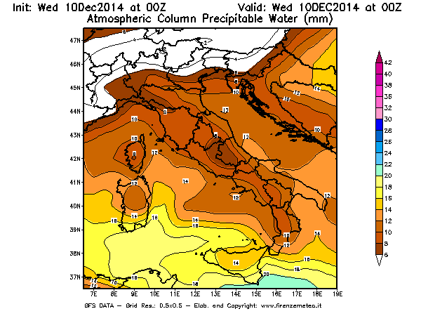 Mappa di analisi GFS - Precipitable Water [mm] in Italia
									del 10/12/2014 00 <!--googleoff: index-->UTC<!--googleon: index-->