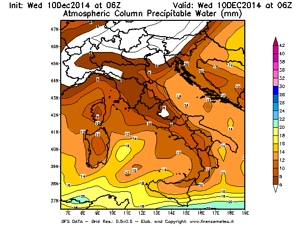 Mappa di analisi GFS - Precipitable Water [mm] in Italia
									del 10/12/2014 06 <!--googleoff: index-->UTC<!--googleon: index-->