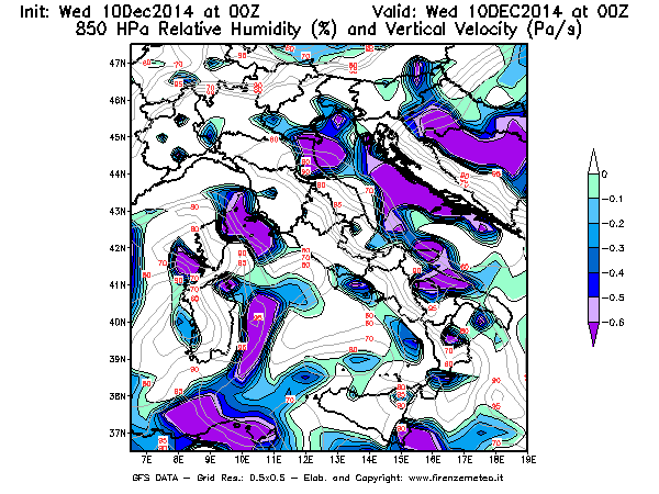 Mappa di analisi GFS - Umidità relativa [%] e Omega [Pa/s] a 850 hPa in Italia
									del 10/12/2014 00 <!--googleoff: index-->UTC<!--googleon: index-->