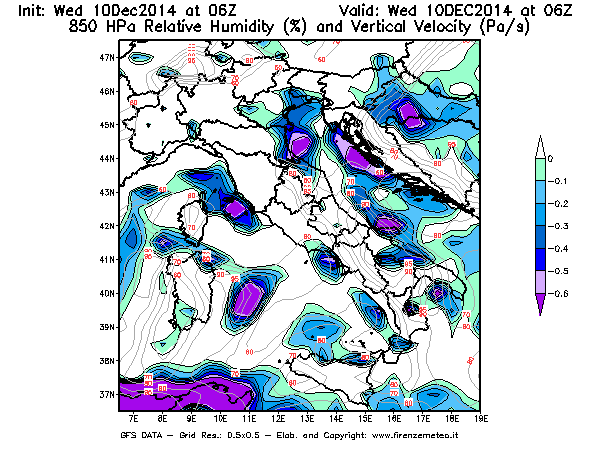 Mappa di analisi GFS - Umidità relativa [%] e Omega [Pa/s] a 850 hPa in Italia
									del 10/12/2014 06 <!--googleoff: index-->UTC<!--googleon: index-->