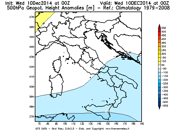 Mappa di analisi GFS - Anomalia di Geopotenziale a 500 hPa in Italia
									del 10/12/2014 00 <!--googleoff: index-->UTC<!--googleon: index-->