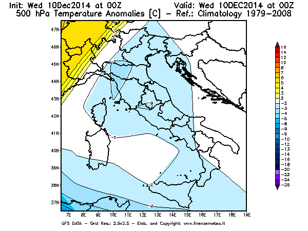 Mappa di analisi GFS - Anomalia Temperatura [°C] a 500 hPa in Italia
									del 10/12/2014 00 <!--googleoff: index-->UTC<!--googleon: index-->