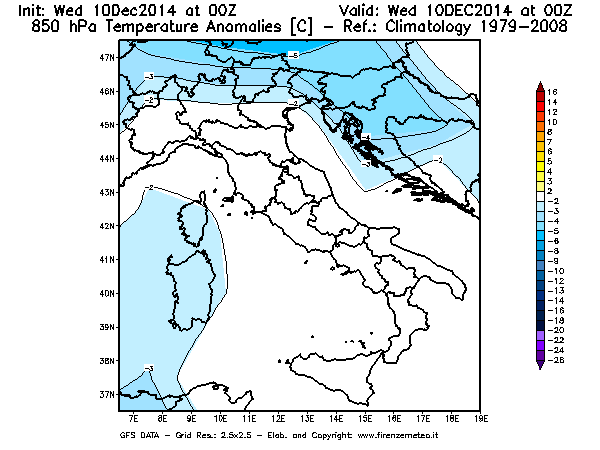 Mappa di analisi GFS - Anomalia Temperatura [°C] a 850 hPa in Italia
									del 10/12/2014 00 <!--googleoff: index-->UTC<!--googleon: index-->