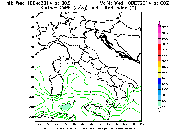Mappa di analisi GFS - CAPE [J/kg] e Lifted Index [°C] in Italia
									del 10/12/2014 00 <!--googleoff: index-->UTC<!--googleon: index-->