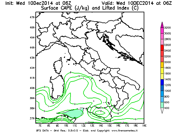 Mappa di analisi GFS - CAPE [J/kg] e Lifted Index [°C] in Italia
									del 10/12/2014 06 <!--googleoff: index-->UTC<!--googleon: index-->
