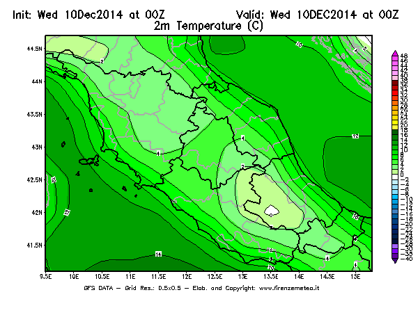 Mappa di analisi GFS - Temperatura a 2 metri dal suolo [°C] in Centro-Italia
									del 10/12/2014 00 <!--googleoff: index-->UTC<!--googleon: index-->