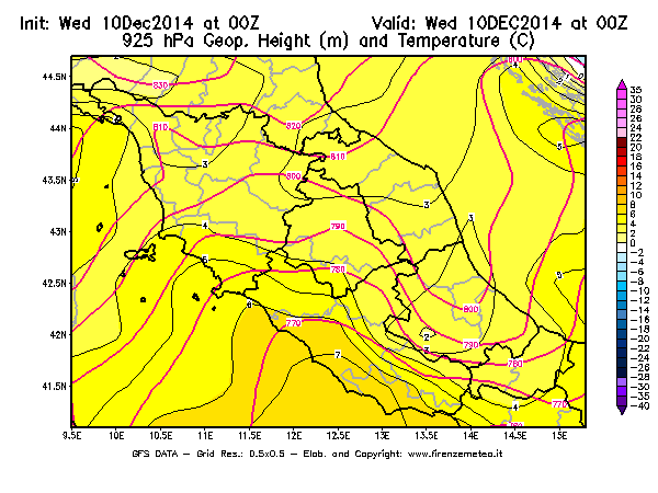 Mappa di analisi GFS - Geopotenziale [m] e Temperatura [°C] a 925 hPa in Centro-Italia
									del 10/12/2014 00 <!--googleoff: index-->UTC<!--googleon: index-->