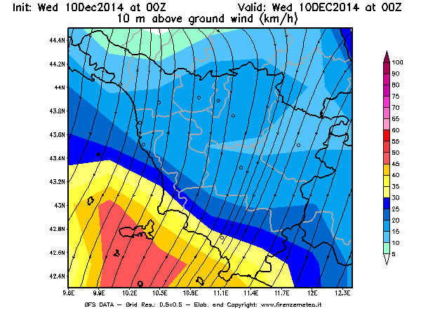 Mappa di analisi GFS - Velocità del vento a 10 metri dal suolo [km/h] in Toscana
									del 10/12/2014 00 <!--googleoff: index-->UTC<!--googleon: index-->