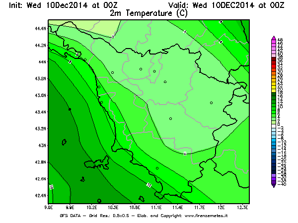 Mappa di analisi GFS - Temperatura a 2 metri dal suolo [°C] in Toscana
									del 10/12/2014 00 <!--googleoff: index-->UTC<!--googleon: index-->