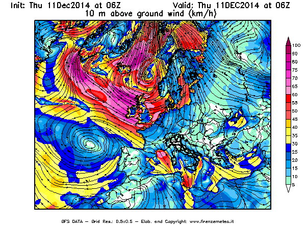 Mappa di analisi GFS - Velocità del vento a 10 metri dal suolo [km/h] in Europa
							del 11/12/2014 06 <!--googleoff: index-->UTC<!--googleon: index-->