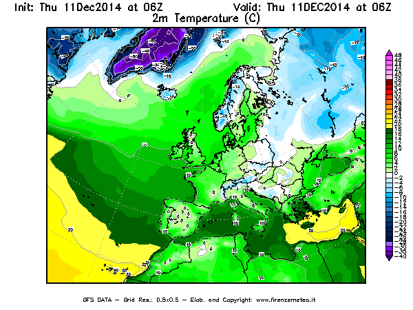 Mappa di analisi GFS - Temperatura a 2 metri dal suolo [°C] in Europa
							del 11/12/2014 06 <!--googleoff: index-->UTC<!--googleon: index-->