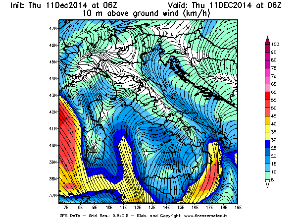 Mappa di analisi GFS - Velocità del vento a 10 metri dal suolo [km/h] in Italia
							del 11/12/2014 06 <!--googleoff: index-->UTC<!--googleon: index-->