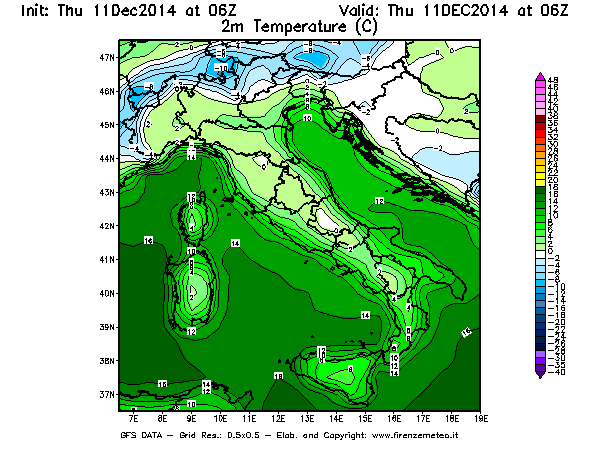 Mappa di analisi GFS - Temperatura a 2 metri dal suolo [°C] in Italia
							del 11/12/2014 06 <!--googleoff: index-->UTC<!--googleon: index-->