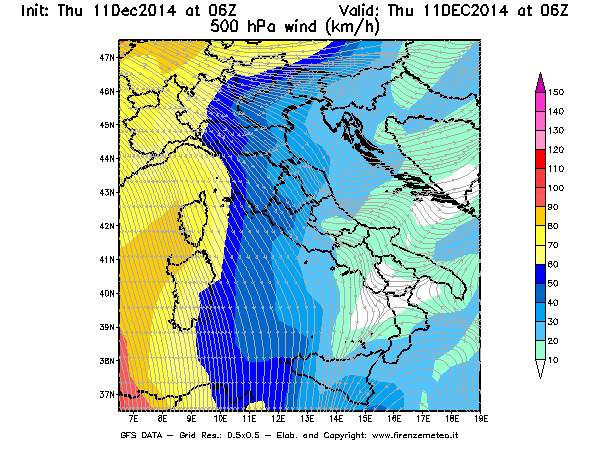 Mappa di analisi GFS - Velocità del vento a 500 hPa [km/h] in Italia
							del 11/12/2014 06 <!--googleoff: index-->UTC<!--googleon: index-->
