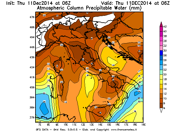 Mappa di analisi GFS - Precipitable Water [mm] in Italia
							del 11/12/2014 06 <!--googleoff: index-->UTC<!--googleon: index-->