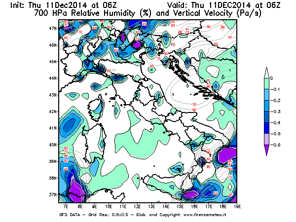 Mappa di analisi GFS - Umidità relativa [%] e Omega [Pa/s] a 700 hPa in Italia
							del 11/12/2014 06 <!--googleoff: index-->UTC<!--googleon: index-->