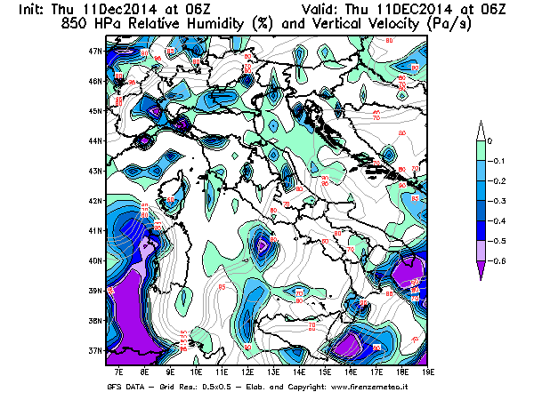 Mappa di analisi GFS - Umidità relativa [%] e Omega [Pa/s] a 850 hPa in Italia
							del 11/12/2014 06 <!--googleoff: index-->UTC<!--googleon: index-->