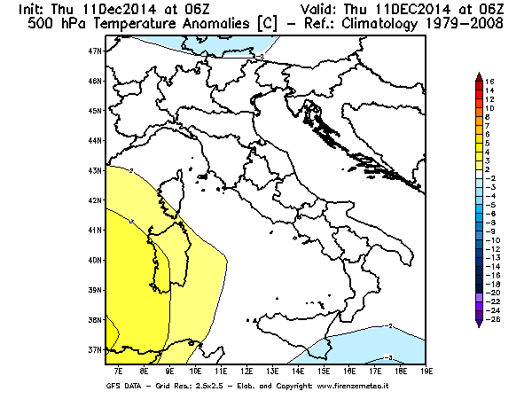 Mappa di analisi GFS - Anomalia Temperatura [°C] a 500 hPa in Italia
							del 11/12/2014 06 <!--googleoff: index-->UTC<!--googleon: index-->