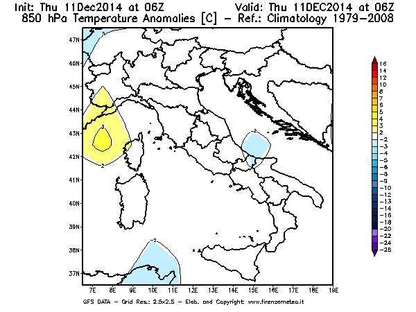 Mappa di analisi GFS - Anomalia Temperatura [°C] a 850 hPa in Italia
							del 11/12/2014 06 <!--googleoff: index-->UTC<!--googleon: index-->
