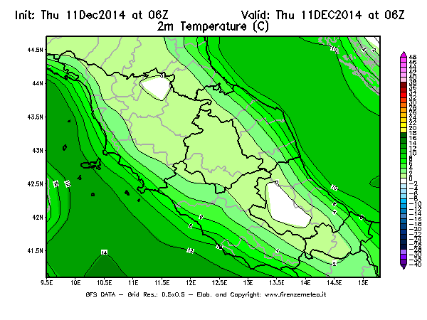 Mappa di analisi GFS - Temperatura a 2 metri dal suolo [°C] in Centro-Italia
							del 11/12/2014 06 <!--googleoff: index-->UTC<!--googleon: index-->