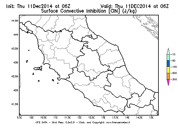 Mappa di analisi GFS - CIN [J/kg] in Centro-Italia
							del 11/12/2014 06 <!--googleoff: index-->UTC<!--googleon: index-->
