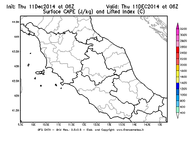 Mappa di analisi GFS - CAPE [J/kg] e Lifted Index [°C] in Centro-Italia
							del 11/12/2014 06 <!--googleoff: index-->UTC<!--googleon: index-->