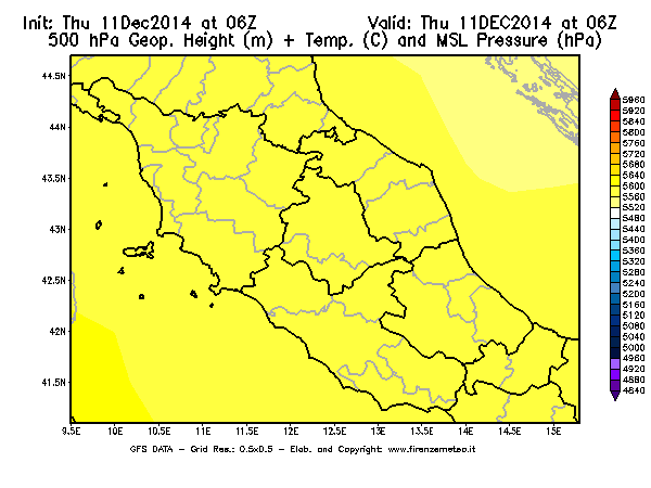 Mappa di analisi GFS - Geopotenziale [m] + Temp. [°C] a 500 hPa + Press. a livello del mare [hPa] in Centro-Italia
							del 11/12/2014 06 <!--googleoff: index-->UTC<!--googleon: index-->