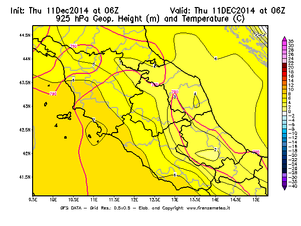 Mappa di analisi GFS - Geopotenziale [m] e Temperatura [°C] a 925 hPa in Centro-Italia
							del 11/12/2014 06 <!--googleoff: index-->UTC<!--googleon: index-->