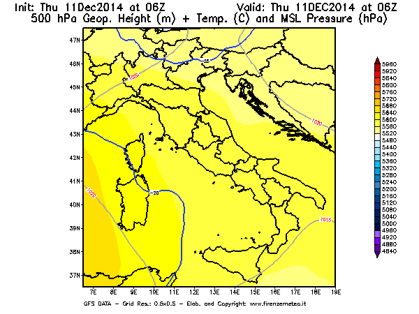 Mappa di analisi GFS - Geopotenziale [m] + Temp. [°C] a 500 hPa + Press. a livello del mare [hPa] in Italia
							del 11/12/2014 06 <!--googleoff: index-->UTC<!--googleon: index-->
