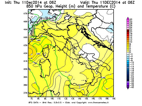 Mappa di analisi GFS - Geopotenziale [m] e Temperatura [°C] a 850 hPa in Italia
							del 11/12/2014 06 <!--googleoff: index-->UTC<!--googleon: index-->