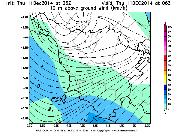 Mappa di analisi GFS - Velocità del vento a 10 metri dal suolo [km/h] in Toscana
							del 11/12/2014 06 <!--googleoff: index-->UTC<!--googleon: index-->