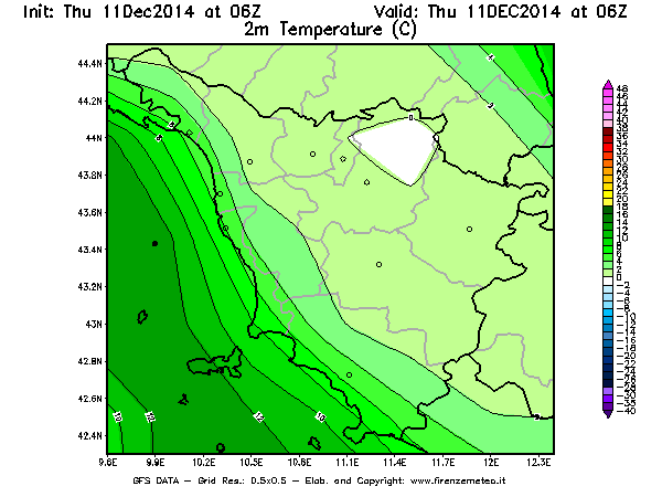 Mappa di analisi GFS - Temperatura a 2 metri dal suolo [°C] in Toscana
							del 11/12/2014 06 <!--googleoff: index-->UTC<!--googleon: index-->