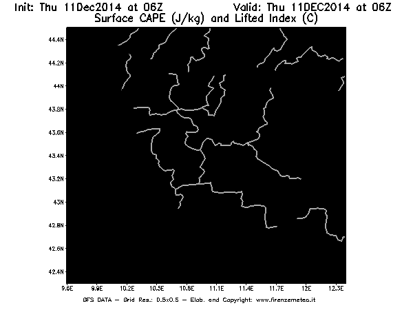 Mappa di analisi GFS - CAPE [J/kg] e Lifted Index [°C] in Toscana
							del 11/12/2014 06 <!--googleoff: index-->UTC<!--googleon: index-->
