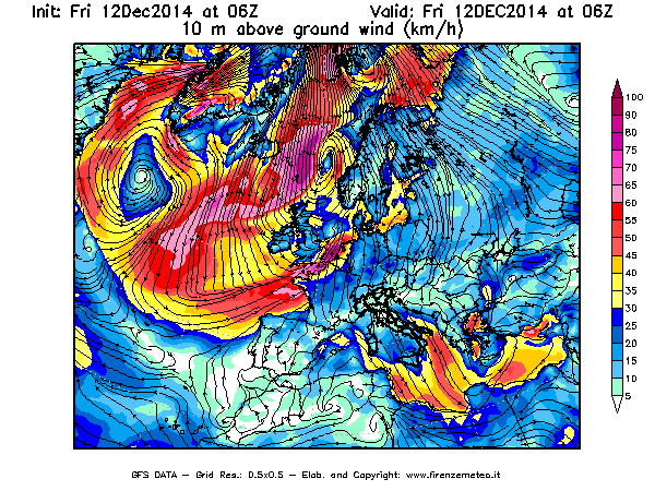 Mappa di analisi GFS - Velocità del vento a 10 metri dal suolo [km/h] in Europa
									del 12/12/2014 06 <!--googleoff: index-->UTC<!--googleon: index-->